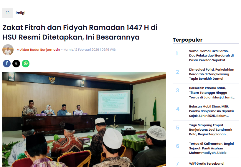 Zakat Fitrah dan Fidyah Ramadan 1447 H di HSU Resmi Ditetapkan, Ini Besarannya